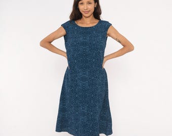 Vestido floral índigo de los 90 Talbots Azul marino Algodón Manga corta Estampado ornamentado Sin mangas Verano Primavera Playa Vacaciones Vintage Mujer Grande L