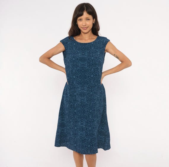 90s Indigo Floral Dress Talbots Navy Blue Cotton Cap Sleeve Ornate Print Sleeveless Summer Spring Beach Vacation Vintage Womens Large L