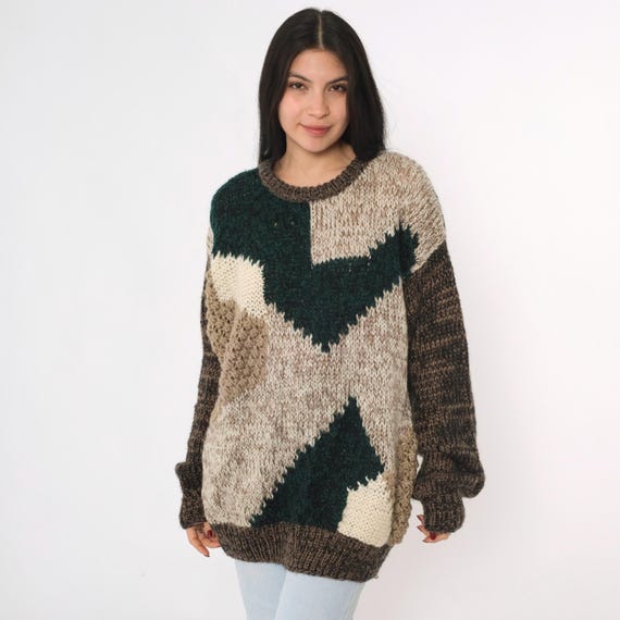 Vintage Abstract Knit Sweater 80s 90s Brown Cream Green Pullover Slouchy Long Sleeve Textured Chunky Grunge 1980s Oversized Jumper Large L