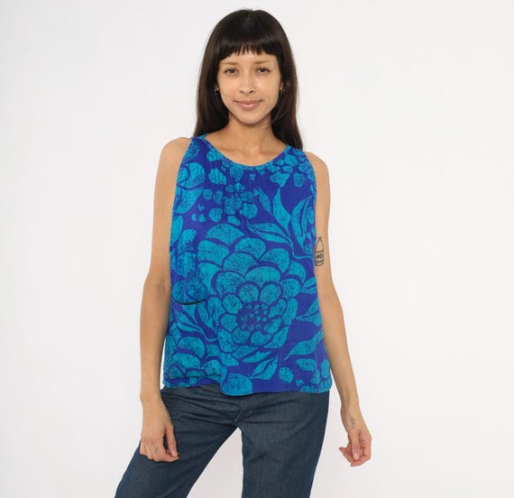 70s Tropical Floral Tank Batik Cobalt Teal Cotton Sleeveless Blouse Pullover Blue Turquoise Flower Top Summer Hawaiian Vintage Medium M