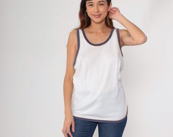 80s Ringer Tank Top Vintage Laguna White Cotton Navy Trim Scoop Neck Sleeveless Athletic Stripe Minimal Retro Gym PE Sporty Unisex Large L