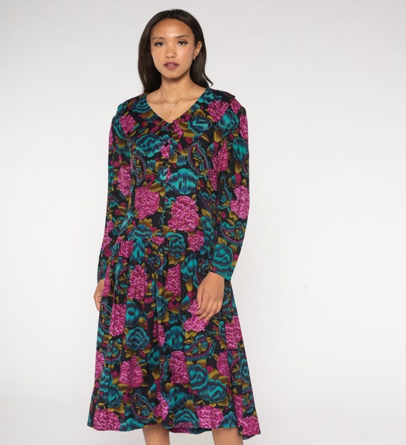 Paisley Floral Dress 90s Grunge Midi Low Drop Waist Bohemian 80s Button Up Long Sleeve Dress Blue Purple 1990s Rayon Medium Large