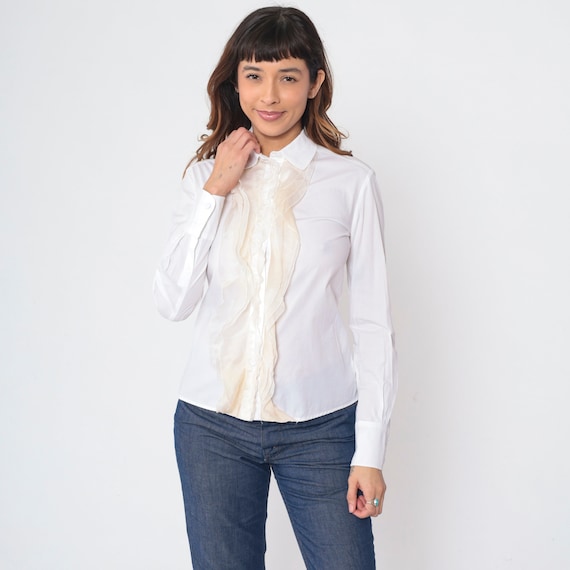 Vintage Valentino Blouse 80s Tuxedo Shirt White Ruffle Top Button Up Secretary Boho Victorian Long Sleeve Jabot Collar 1980s Extra Small xs