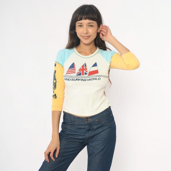 80s Windsurfing Graphic Tee Color Block Raglan Cropped Long Sleeve Cream Yellow Mint Blue Surf Vintage Crew Neck Pastel Extra Small XS