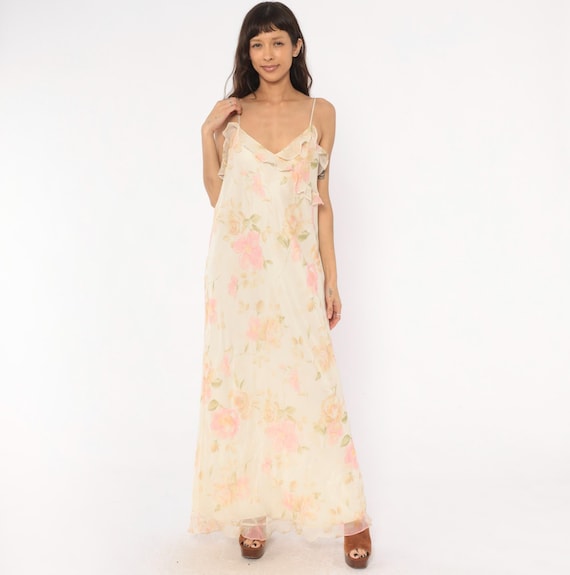 90s Floral Maxi Dress Cream Pink Chiffon Ruffle Neckline Spaghetti Strap Slip Rose Romantic Summer Cami V Neck Fairy Vintage Extra Large XL