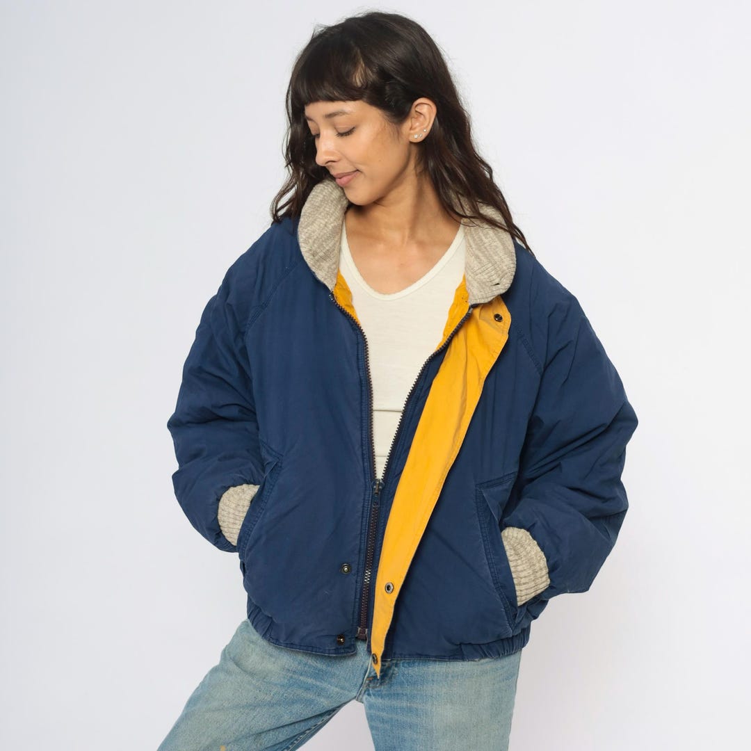 90s Dark Blue Bomber Jacket Cotton Down Fill Sherpa Collar Cuffs Yellow ...