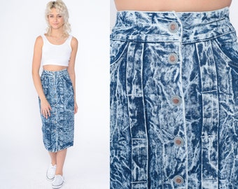 Acid Wash Denim Skirt 80s Midi Jean Skirt Exposed Button Up Pencil Skirt High Waisted Wiggle Streetwear Fitted Tight Vintage 1980s 2xs xxs