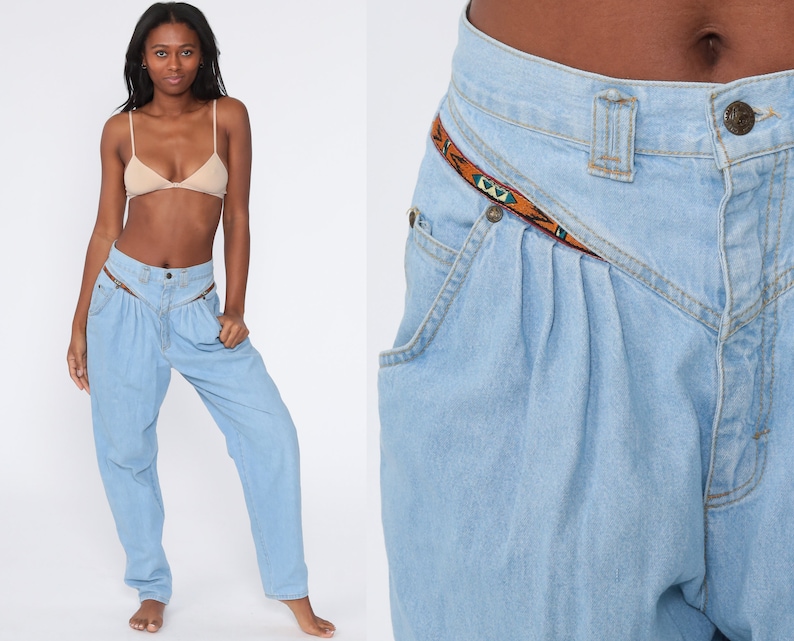 90s Mom Jeans Cherokee Pleated Jeans Light Blue Jeans 1990s Southwestern High Waisted Denim Pants Vintage Southwest Medium 29 Tall