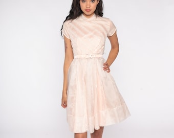 60s Party Dress Baby Pink Lace Trim Prom Dress Peter Pan Collar Dress Short Sleeve Full Skirt 1960s High Waisted Vintage Extra small xs