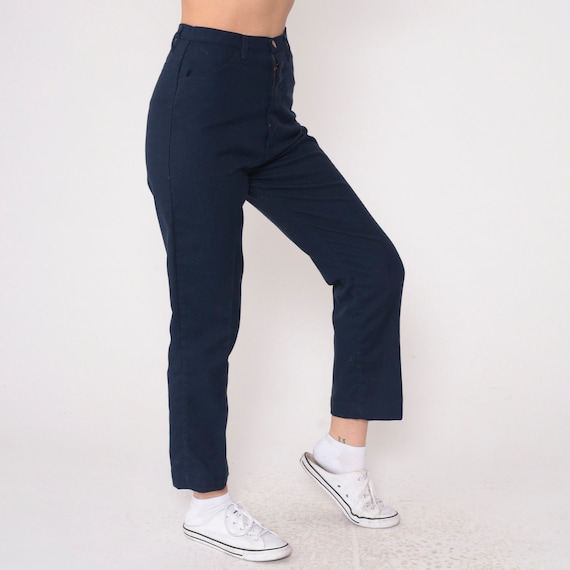 70s Straight Leg Pants Navy Blue Trousers Boho Pastel Preppy Trousers 1970s High Rise Waist Vintage Seventies Creased Extra Small xs