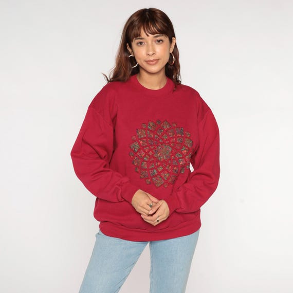 Vintage Quilted Sweatshirt 90s Deep Red Floral Mandala Shirt Pullover Crewneck Graphic Print Long Sleeve 1990s Slouchy Jerzees Large L