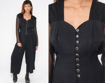 Black Wide Leg Jumpsuit 90s Long Chiffon Sleeve Pantsuit Button Up Vintage Sweetheart Neckline Plain Party Romper Pants 1990s Large 12