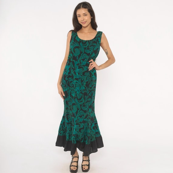 Teal Baroque Maxi Dress 90s Sleeveless Scoop Neck Black Floral Swirl Mermaid Summer Evening Cocktail Fitted Emerald Green Vintage Large L