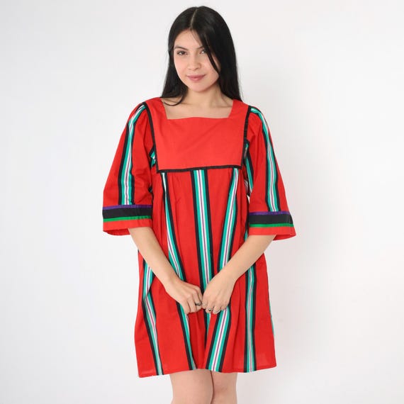 Vintage Hawaiian Tent Dress 70s Red Striped Bib Mini Dress Liberty House Muumuu Summer Lounge Hippie Bohemian Trapeze Boho Caftan Medium