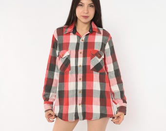 80s Buffalo Plaid Flannel Shirt Red Black Button Front Pocket Long Sleeve Checkered Grunge Lumberjack Boyfriend Top Vintage Unisex Medium M