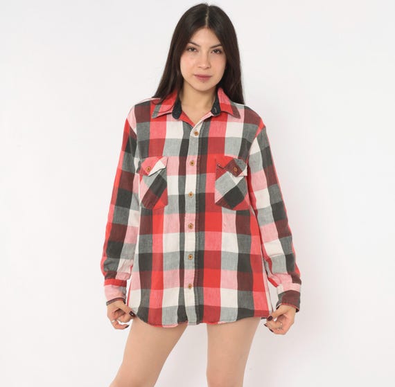 80s Buffalo Plaid Flannel Shirt Red Black Button Front Pocket Long Sleeve Checkered Grunge Lumberjack Boyfriend Top Vintage Unisex Medium M