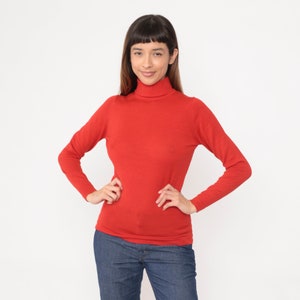 Red Turtleneck Shirt 70s Ribbed Knit Sweater Top Wool Blend Long Sleeve Shirt Thin Lightweight Retro High Neck Simple Vintage 1970s Small