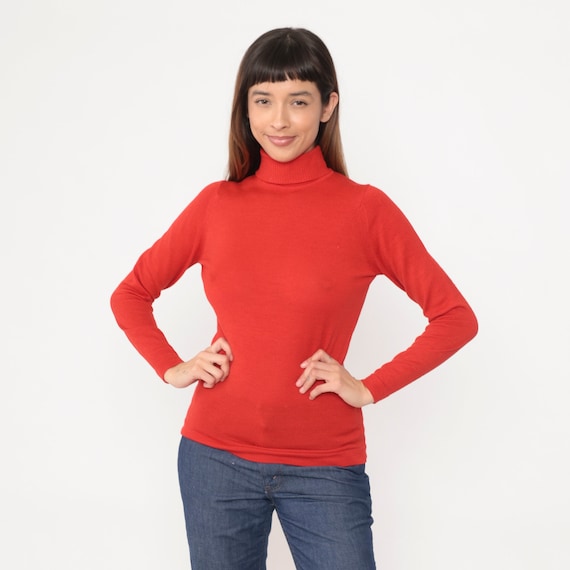 Red Turtleneck Shirt 70s Ribbed Knit Sweater Top Wool Blend Long Sleeve Shirt Thin Lightweight Retro High Neck Simple Vintage 1970s Small