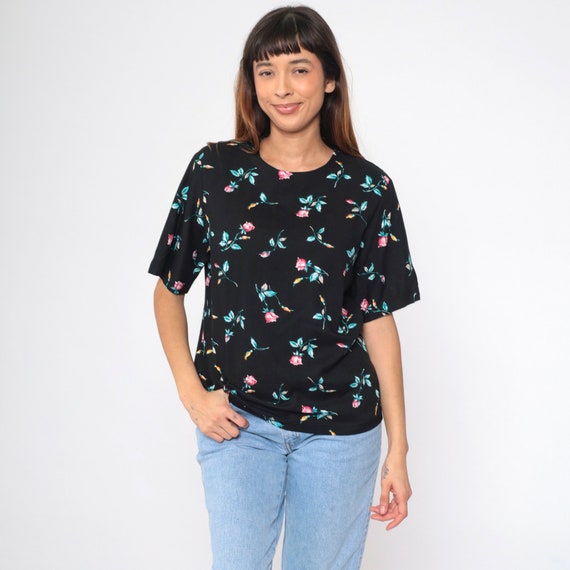 Black Floral Blouse 90s Shirt Pullover Short Sleeve Top Grunge Casual Summer Top 1990s Vintage Multicolored Rose Print Rayon Medium