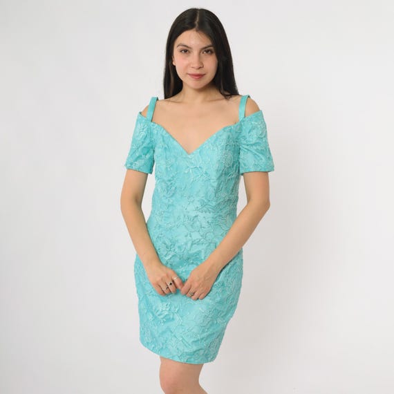 80s Turquoise Lace Mini Dress Off Shoulder Sweetheart Neckline Short Sleeve Cocktail Party Prom Evening Fitted Sheath Bodycon Extra Small XS