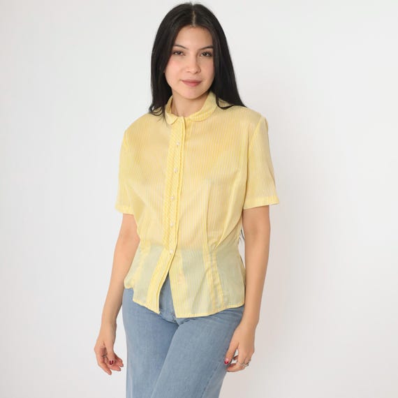 Vintage 60s Sheer Blouse Yellow Striped Top Button Up Shirt 1960s Mid Century Short Sleeve Princess Seam Formal Peter pan collar Medium M