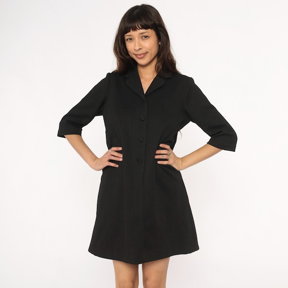 70s Black Shirt Dress Button Front Lapel 3/4 Sleeve Knee Length Vintage Minimal Dark Academia Gothic Mini Mod Whimsigoth Grunge Alt Large L