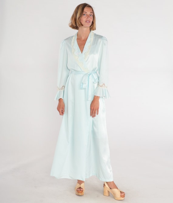 Blue Pajama Robe 70s Lingerie Bed Jacket Lace Floral Embroidered Beaded Long Nightgown Open Tie Front Nightie Retro Vintage 1970s Large L