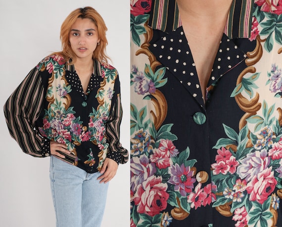 90s Button Up Shirt Floral Blouse Striped Balloon Sleeve Rayon Long Sleeve Top Grunge Boho 1990s Vintage Bohemian Large