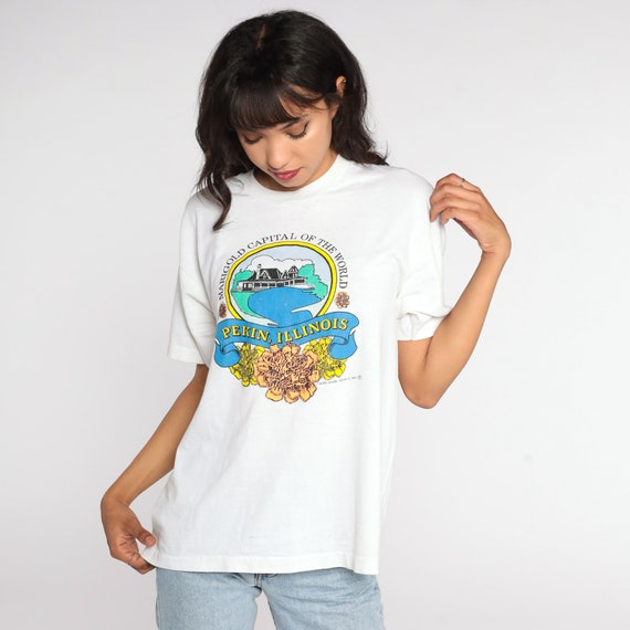 Pekin Illinois Shirt Marigold Floral T Shirt Vintage T Shirt 90s Tee Graphic Flower Print 80s Teal Shirt Screen Stars Large xl l
