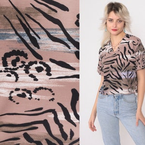 90s Animal Print Tshirt Abstract Tiger Stripe Top Short Cuffed Sleeve Blouse V Neck Black Taupe Retro Vintage 1990s Petite Small S image 1