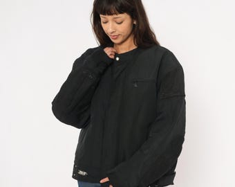 Moto Biker Jacket Power Trip Motorcycle Black Mesh Panel Riding Coat Snap Collar Bomber Windbreaker 2000s Y2K Streetwear Mens Extra Large XL