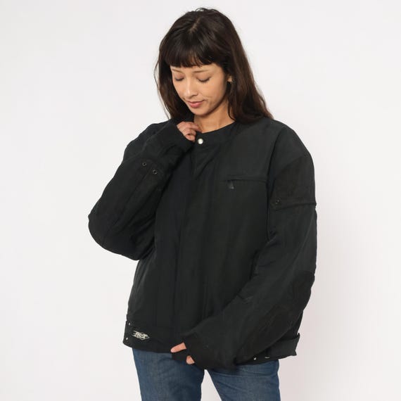 Moto Biker Jacket Power Trip Motorcycle Black Mesh Panel Riding Coat Snap Collar Bomber Windbreaker 2000s Y2K Streetwear Mens Extra Large XL