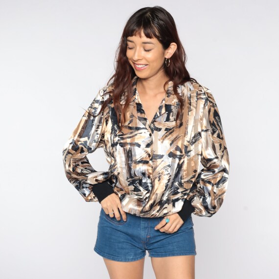 80s Brushstroke Shirt Shiny Striped Print Top Black Brown Button Up Shirt Graphic Blouse Slouchy Long Sleeve 1980s Vintage Large L