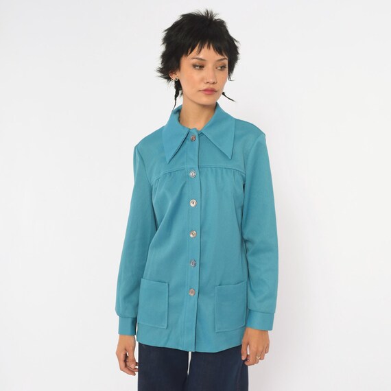 70s Light Blue Blouse Pointed Dagger Collar Button Front Patch Pocket Long Sleeve Gathered Yoke Shirt Jacket Solid Mod Top Vintage Medium M