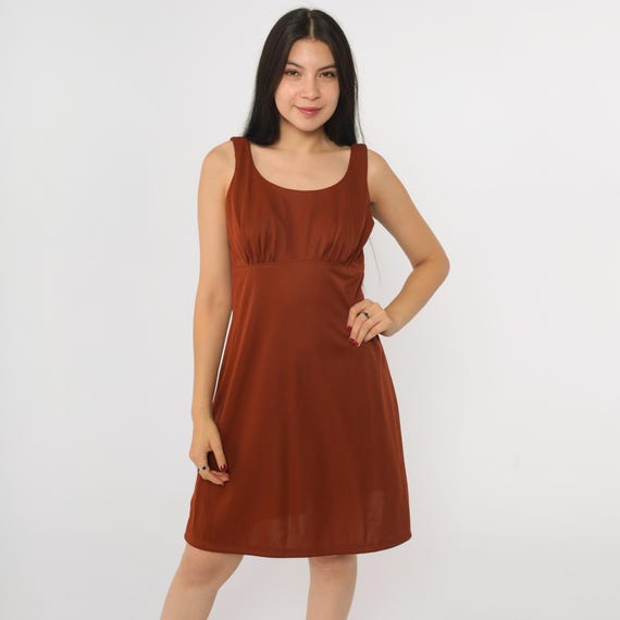 Vintage Brown Babydoll Dress 1970s Mod Mini Dress 70s Scoop Neck Dress Party Empire Waist Sleeveless Plain Small Medium 6/8