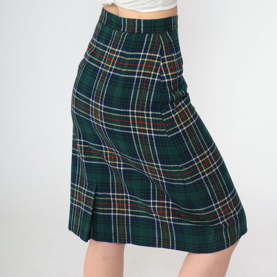Pendleton Wool Skirt 80s Blue Green Tartan Plaid Midi Pencil Skirt Retro High Waist School Girl Preppy Checkered Vintage 1980s Small S