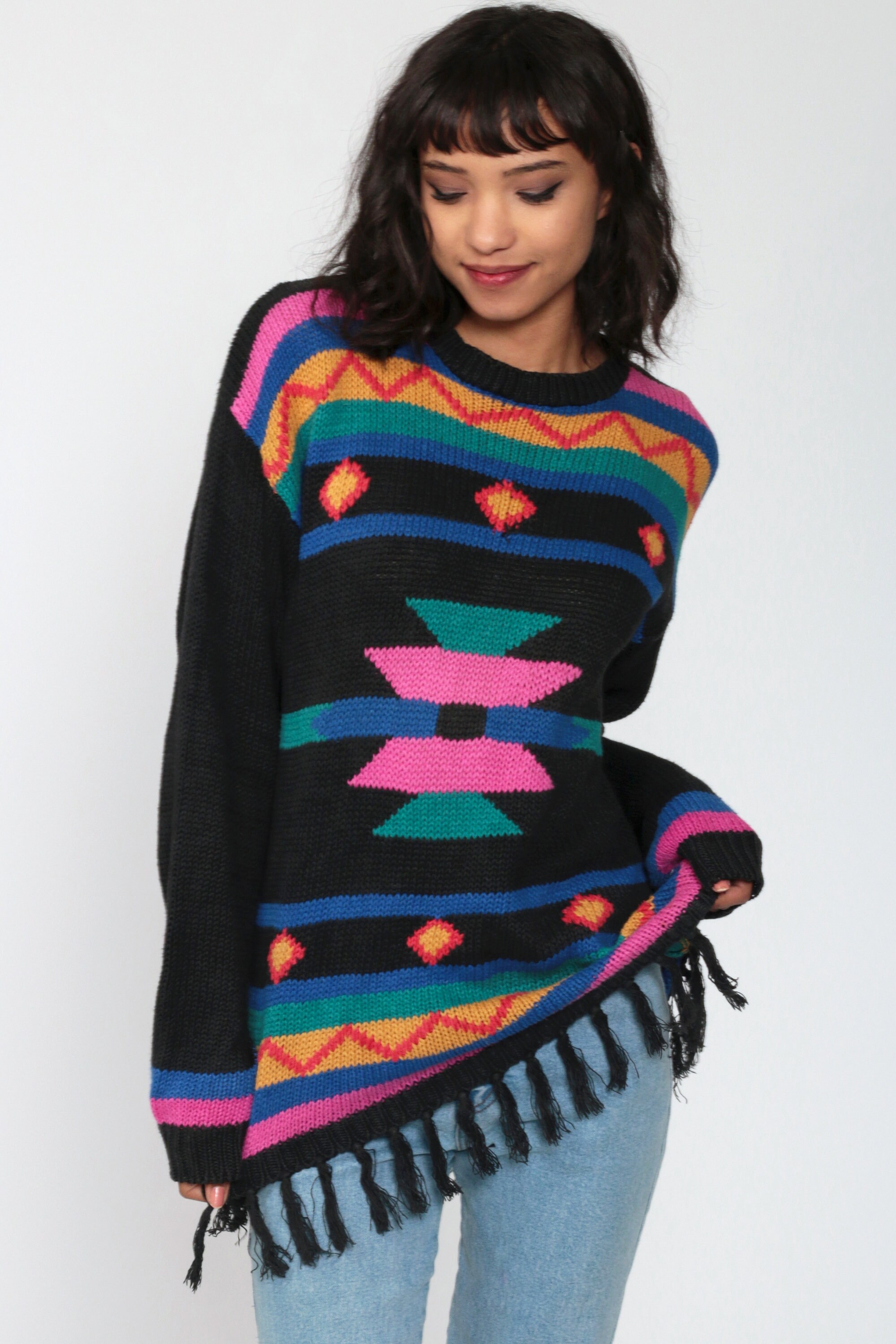 Southwestern Sweater 90s Geometric Print Fringe Cotton Ramie Slouchy Bohemian Boho Vintage 