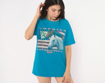Y2K Horse Graphic Tee Teal Blue American Flag Short Sleeve Western Cowgirl Country T Shirt Patriotic White Horse Americana Vintage Medium M