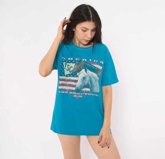 Y2K Horse Graphic Tee Teal Blue American Flag Short Sleeve Western Cowgirl Country T Shirt Patriotic White Horse Americana Vintage Medium M
