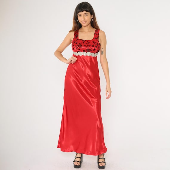 Vintage 90s Red Satin Evening Gown Flocked Velvet Floral Dress Rhinestone Beaded Formal Maxi Empire Waist Prom Sleeveless Small Medium S M