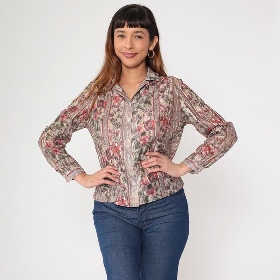 80s Striped Floral Shirt Vintage Beige Red Long Sleeve Blouse Button Up 1980s Boho Collared Top Shiny Medium M