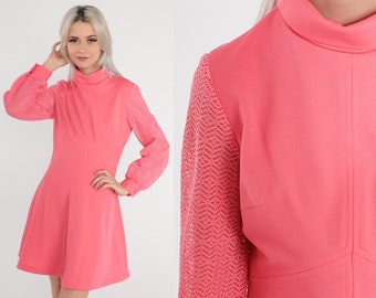 Mod Mini Dress 70s Pink Party Dress Long Sheer Lace Sleeve Empire Waist High Mock Neck Retro Seventies MiniDress Vintage 1970s Medium M