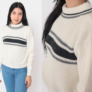 Striped Turtleneck Sweater 80s Off-White Black Grey Pullover Knit Sweater Retro Seventies Knitwear Acrylic Vintage 1980s White Stag Small image 1