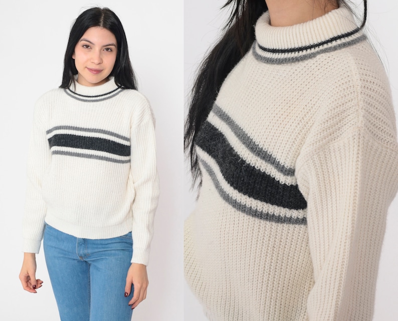 Striped Turtleneck Sweater 80s Off-White Black Grey Pullover Knit Sweater Retro Seventies Knitwear Acrylic Vintage 1980s White Stag Small image 1