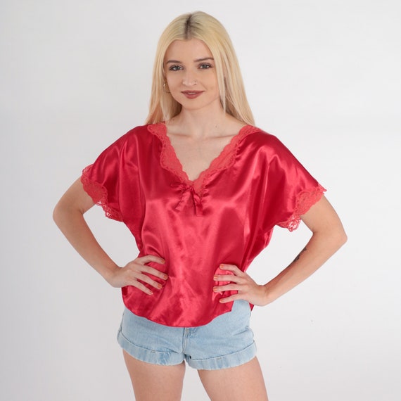 Red Pajama Top 90s Victoria's Secret Lace Lingerie Night Shirt Retro Short Sleeve Satin Top V Neck Lounge Sleep Sexy Vintage 1990s Medium M