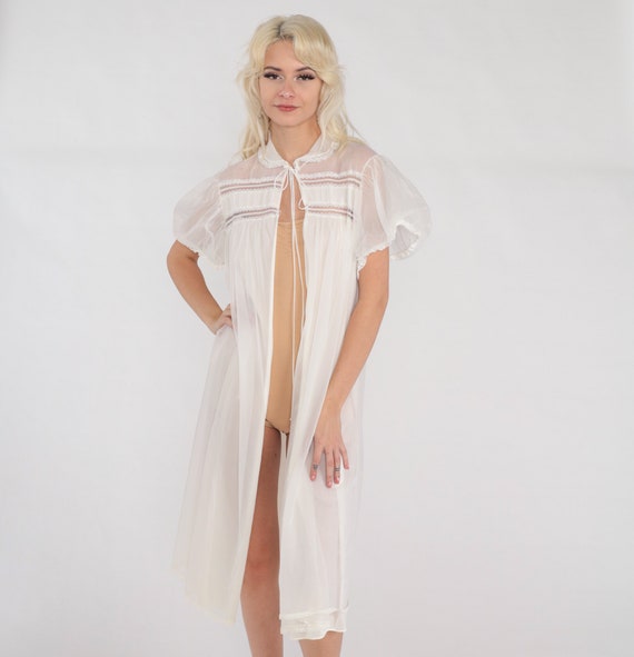 70s Lingerie Peignoir Robe White Long Nightgown Pajama Robe Sheer Midi Nylon Nightie Open Tie Front Peter Pan Collar Vintage 1970s Small S