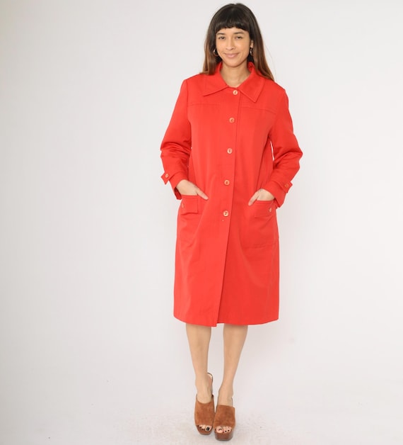 Vintage Red A-Line Trench Coat 70s Utility Jacket Mod Single Breasted Button Up Forecaster of Boston 1970s Beltless Polyester Medium Large