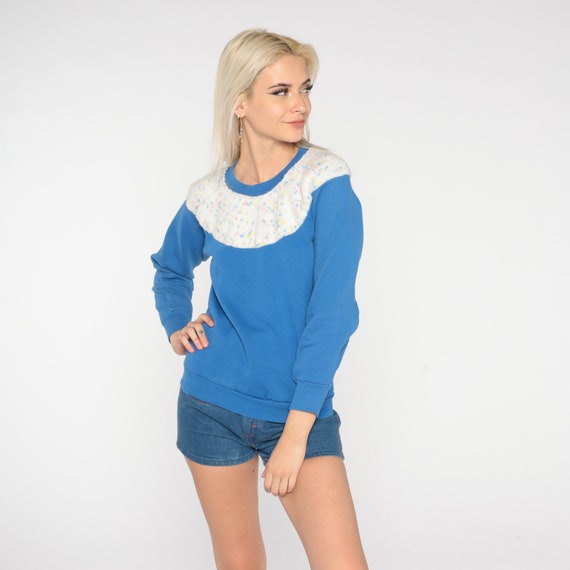 80s Sweatshirt Blue Knit Yoke Pullover Sweater Retro Raglan Sleeve Crewneck Long Sleeve Shirt Slouchy Flecked Vintage 1980s Small xs s