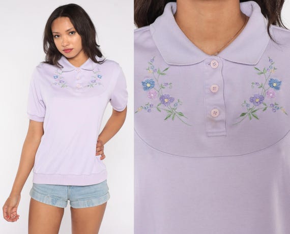 Lavender Embroidered Polo 80s Shirt Peter Pan Collar Purple Floral Button Front Cottagecore Coquette Femme Pastel Academia Vintage Large L