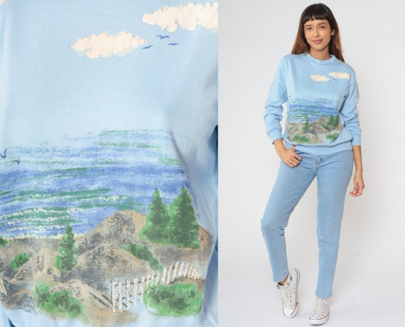 90s Lighthouse Sweatshirt Baby Blue Beach Sweater… - image 1